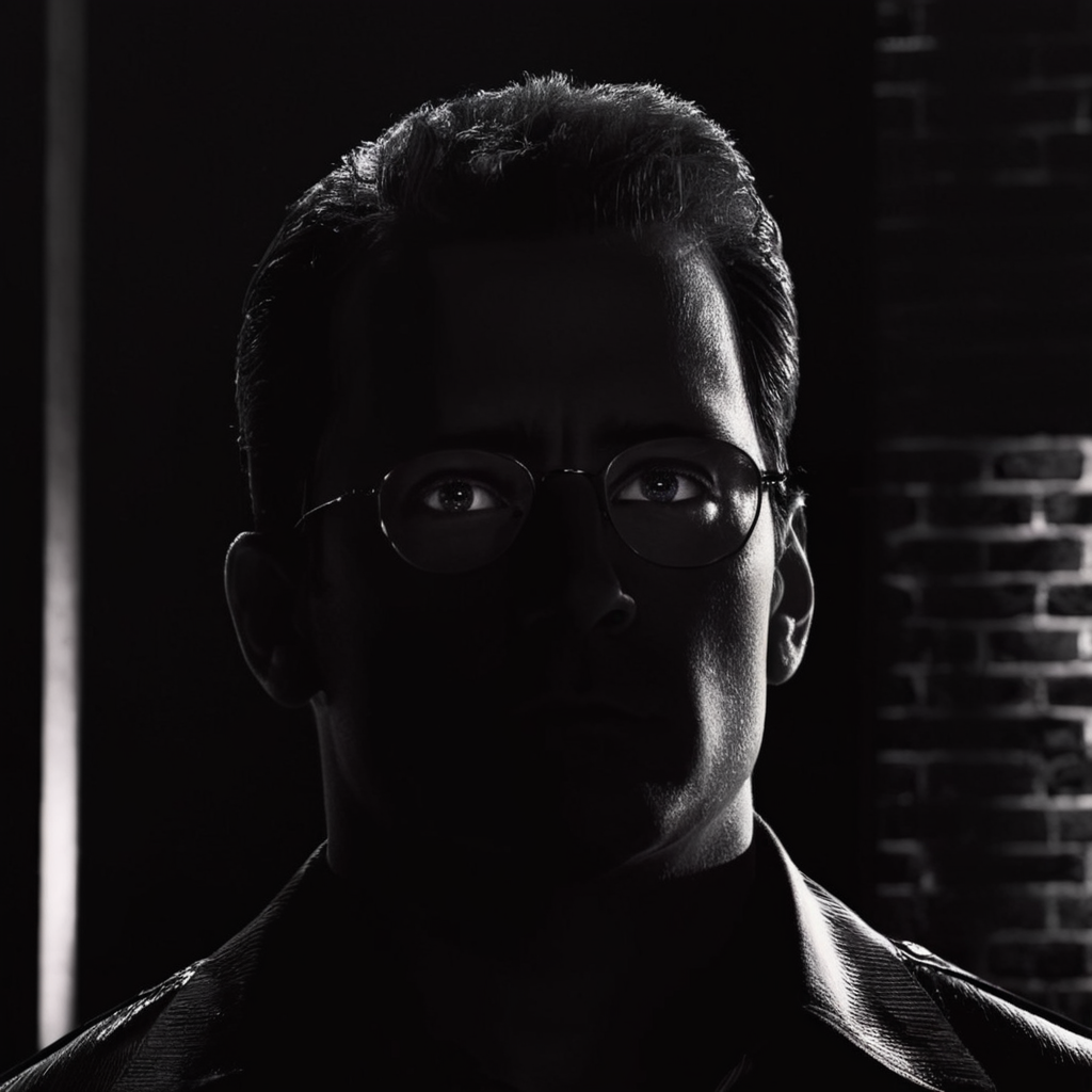 cinematic film still of  <lora:sin city style v2:1>
In Sin City universe a silhouette man with glowing glasses on his face in a dark room sin city style,solo,1boy,monochrome,greyscale,male focus,glasses,portrait,dark,horror (theme),opaque glasses,Frank Miller's Sin City,dark theme,cinematic film,comic book series,graphic novel,Neo-noir,high contrasts,sin city style,closeup , film noir, low key light, dim light, low light, dramatic light, film grain, shallow depth of field, vignette, highly detailed, high budget, bokeh, cinemascope, moody, epic, gorgeous, film grain, grainy