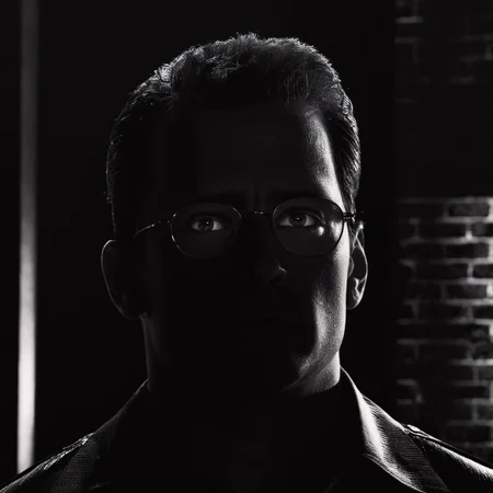 cinematic film still of <lora:sin city style v2:1>
In Sin City universe a silhouette man with glowing glasses on his face in a dark room sin city style,solo,1boy,monochrome,greyscale,male focus,glasses,portrait,dark,horror (theme),opaque glasses,Frank Miller's Sin City,dark theme,cinematic film,comic book series,graphic novel,Neo-noir,high contrasts,sin city style,closeup , film noir, low key light, dim light, low light, dramatic light, film grain, shallow depth of field, vignette, highly detailed, high budget, bokeh, cinemascope, moody, epic, gorgeous, film grain, grainy