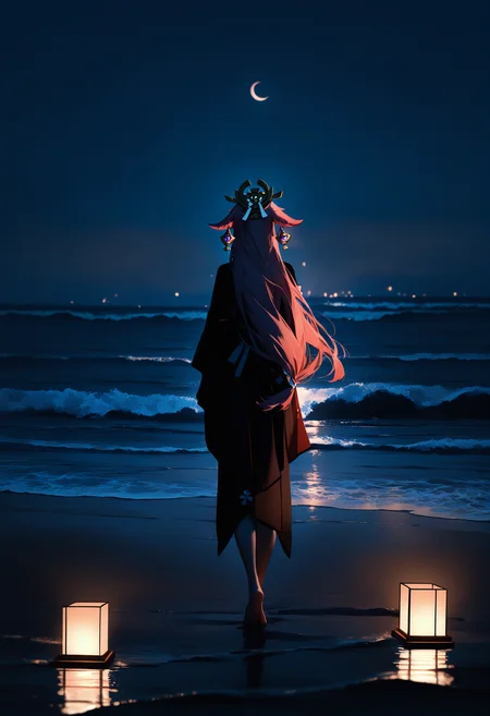 masterpiece, best quality, newest, absurdres, highres, night, realistic, dim light, dark, yae miko, scenery, from behind, lantern, beach, waves, walking, crescent,
