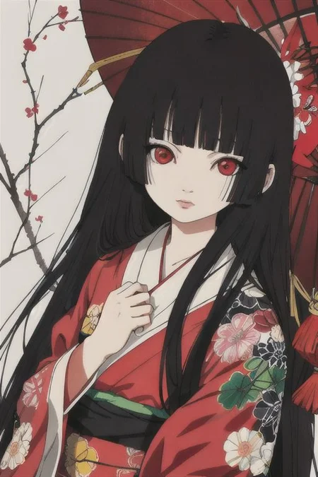 enma ai, hair down, hair black, bangs, eyes red, masterpiece, best quality, ultra-detailed, illustration, 1girl, solo, highres, photorealistic, ultra high res, (Original illustration composition), (fusion of limited color,Maximalism artstyle, kimono fashion, double exposure, background black