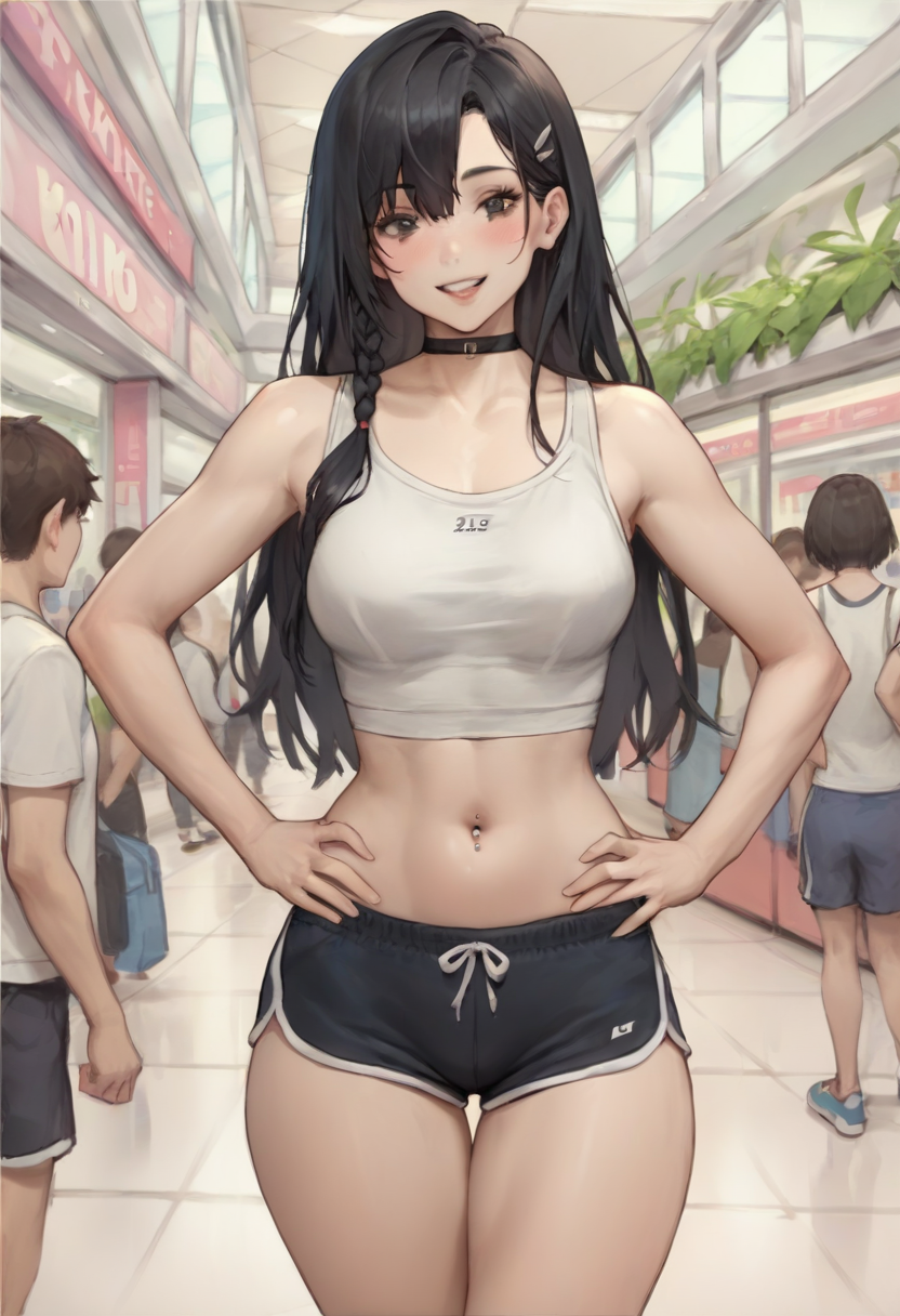 1 girl,  view from front, 
standing, hands on own hips,
looking at the viewer, smile, blush,
braid, long hair, black hair,
medium breasts, narrow waists, wide hips,
dolphin shorts, white tank top,
choker, Navel piercing,
mall, public, crew,
 <lora:Boingoo_Style_PonyXL:0.7> Boingoo Style,, score_9, score_8_up, score_7_up, score_6_up, score_5_up, score_4_up,