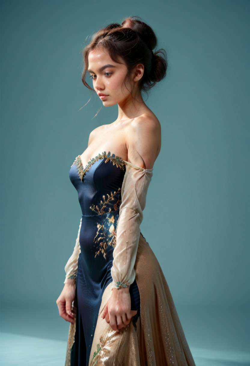 score_9, score_8_up, score_7_up, kebaya dress (long dress, skin tight, strapless, off shoulder, luxurious design, red color),
pureerosface_v1, JDMAI_KEBAYA, JDMAI_ARIEL_SARI, 
(dynamic lighting), (dynamic shadow), 4k, HD, Hi res, cinematic masterpiece, photographic masterpieces, epiCPhoto,
Neat hair bun, professional makeup, side view, 
Portrait, upper body, alluring pose, confident facial expression, 
(simple turquoise background), (blurry background), (sharp focus on object),