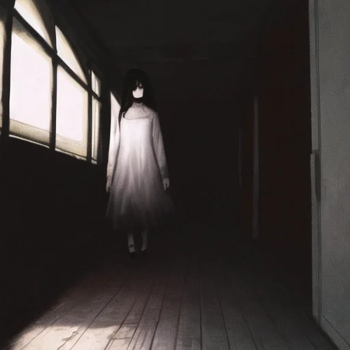 ((masterpiece)),(best quality), absurdres,sadako_yamamura,red eyes, white dress,<lora:Sadakobest:0.8>, <lora:death2HorrorLocon_v10:0.7>,horror (theme),dark, 1girl,night, dark, vanishing point,1other,