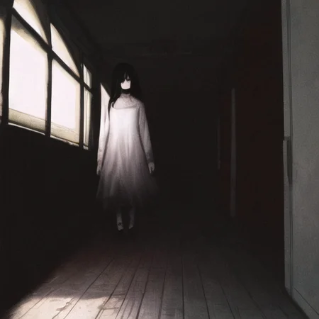 ((masterpiece)),(best quality), absurdres,sadako_yamamura,red eyes, white dress,<lora:Sadakobest:0.8>,  <lora:death2HorrorLocon_v10:0.7>,horror (theme),dark, 1girl,night, dark, vanishing point,1other,