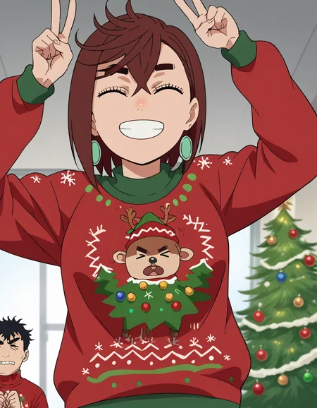 score_9, score_8_up, score_7_up, source_anime, <lora:momo-ayase-s1-ponyxl-lora-nochekaiser:1>, momo ayase, short hair, brown hair, brown eyes, bangs, thick eyebrows, medium breasts, anime screencap,, <lora:christmas-sweater-ponyxl-lora-nochekaiser:1>, christmas sweater, christmas, ugly sweater, print sweater, red sweater, christmas tree, christmas ornaments, sweater, multicolored sweater, , v, smile, hands up, teeth, closed eyes, cowboy shot,, , dutch angle, cowboy shot