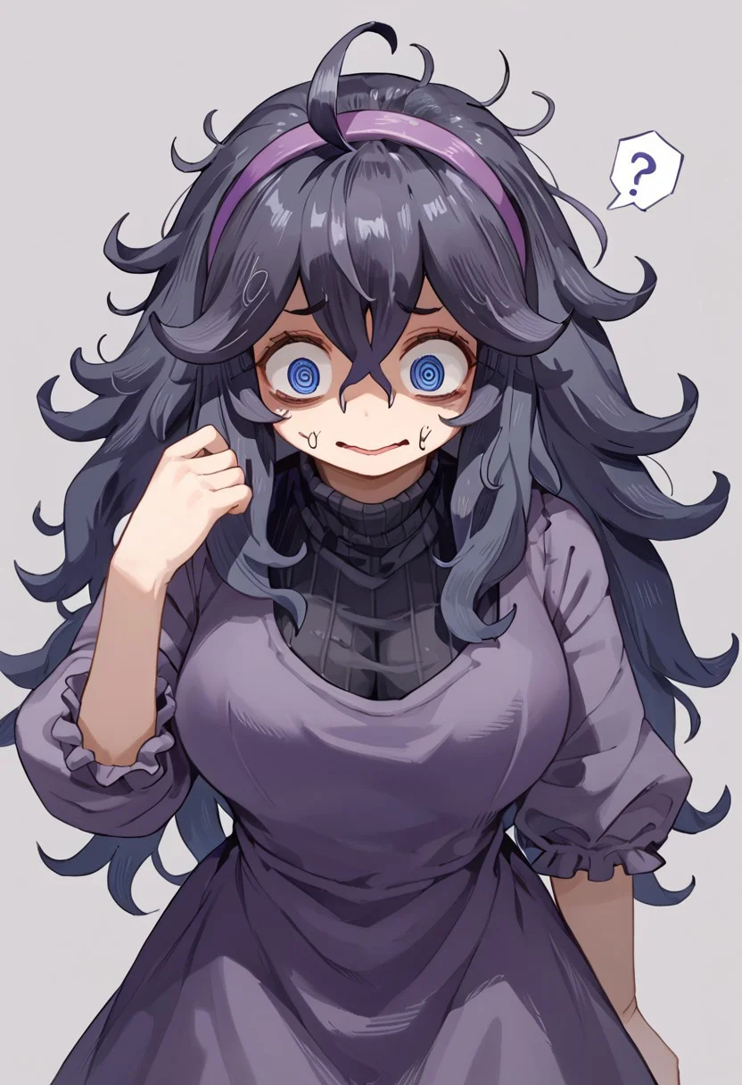 score_9, score_8, score_7, solo, 1girl,
hex maniac, purple dress, long black hair, wavy hair, messy hair, @_@