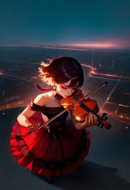 masterpiece, best quality, good quality, very aesthetic, absurdres, newest,1girl, solo, short hair, shirt, brown hair, , black Off-shoulder Gothic floral dress, holding, closed mouth, jewelry, closed eyes, earrings, sleeveless, lips, instrument, nose, music, holding instrument, playing instrument, violin, bow \(music\), holding violin,
outdoors,sky, wind, Wide Shot, From Above,From Above,
The overall scene should have a dark and gloomy atmosphere, with the main tone being violet red.
City Lights Lighting,meteors shower, <lora:spo_sdxl_10ep_4k-data_lora_webui:0.6> <lora:ponyv5_noobV065S_1_adamW-000013:0.7> <lora:USNR_STYLE_XL_lokr:0.5> <lora:EtherSDXL:0.15> <lora:748cmSDXL:0.3>