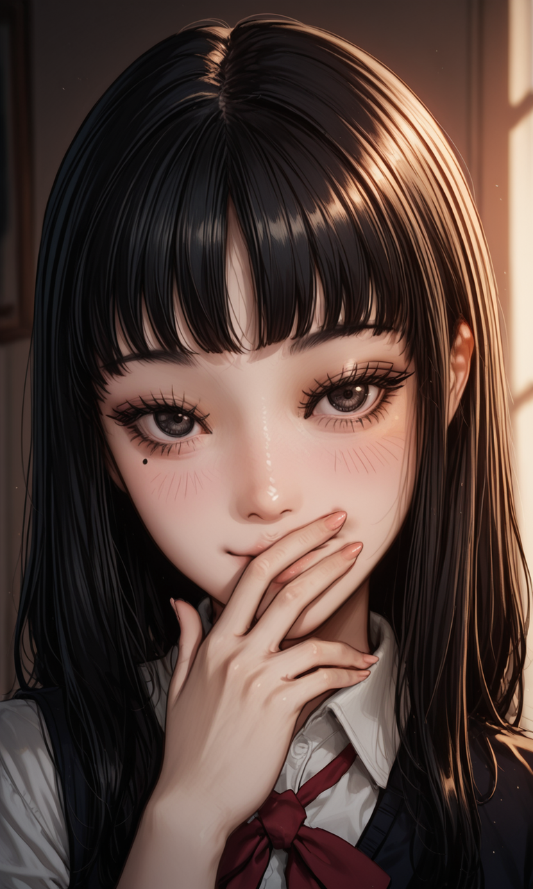 1girl, tomi3, black hair bangs, school uniform, close-up, mole, eyelashes, mole, hand over mouth, covering mouth, giggle, blush, eyelashes, dramatic lighting, dark lighting, contrast lighting, looking at viewer, embedding:IllustriousQual, embedding:Smooth Quality, 1girl, tomi3, black hair bangs, school uniform, close-up, mole, eyelashes, mole, hand over mouth, covering mouth, giggle, blush, eyelashes, dramatic lighting, dark lighting, contrast lighting, looking at viewer, embedding:IllustriousQual, embedding:Smooth Quality,<lora:MoriiMee_Gothic_Niji_Style_Illustrious_r1.safetensors:0.2:0.2> <lora:tomi3.safetensors:1:1>