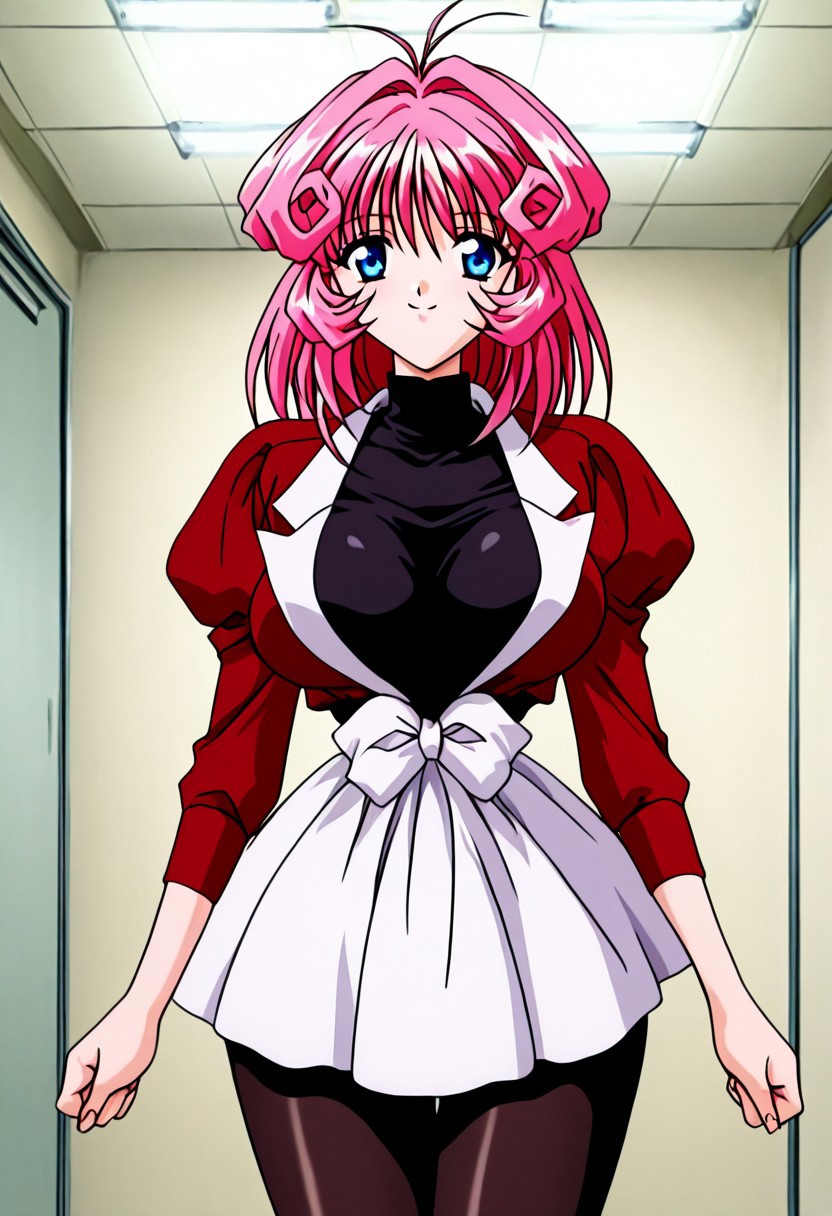 1990s (style), cel animation, <lora:anime_screencap-Illustrious:1>, anime screencap, anime coloring, amazing quality, very aesthetic, absurd resolution, masterpiece, 4k resolution, perfect anatomy, perfect eyes, (hand with four fingers and one thumb), BREAK 1girl, 3/4 body shot, <lora:CD11_rina_ill-05:1>, Rina_CD11, pink hair, medium hair, blue eyes, slim waist, wide hips, large breasts, perky breasts, standing, looking at viewer, happy smile, joy, (<lora:red_outfit-05:1>, (red dress, plunging neckline, red sleeves, sleeves past elbows, white lapels, large lapels, white skirt, miniskirt, waist bow, large bow, white bow,), (black shirt, turtleneck, sleeveless,), black pantyhose, ), cowboy shot, BREAK (office, fluorescent lights,),