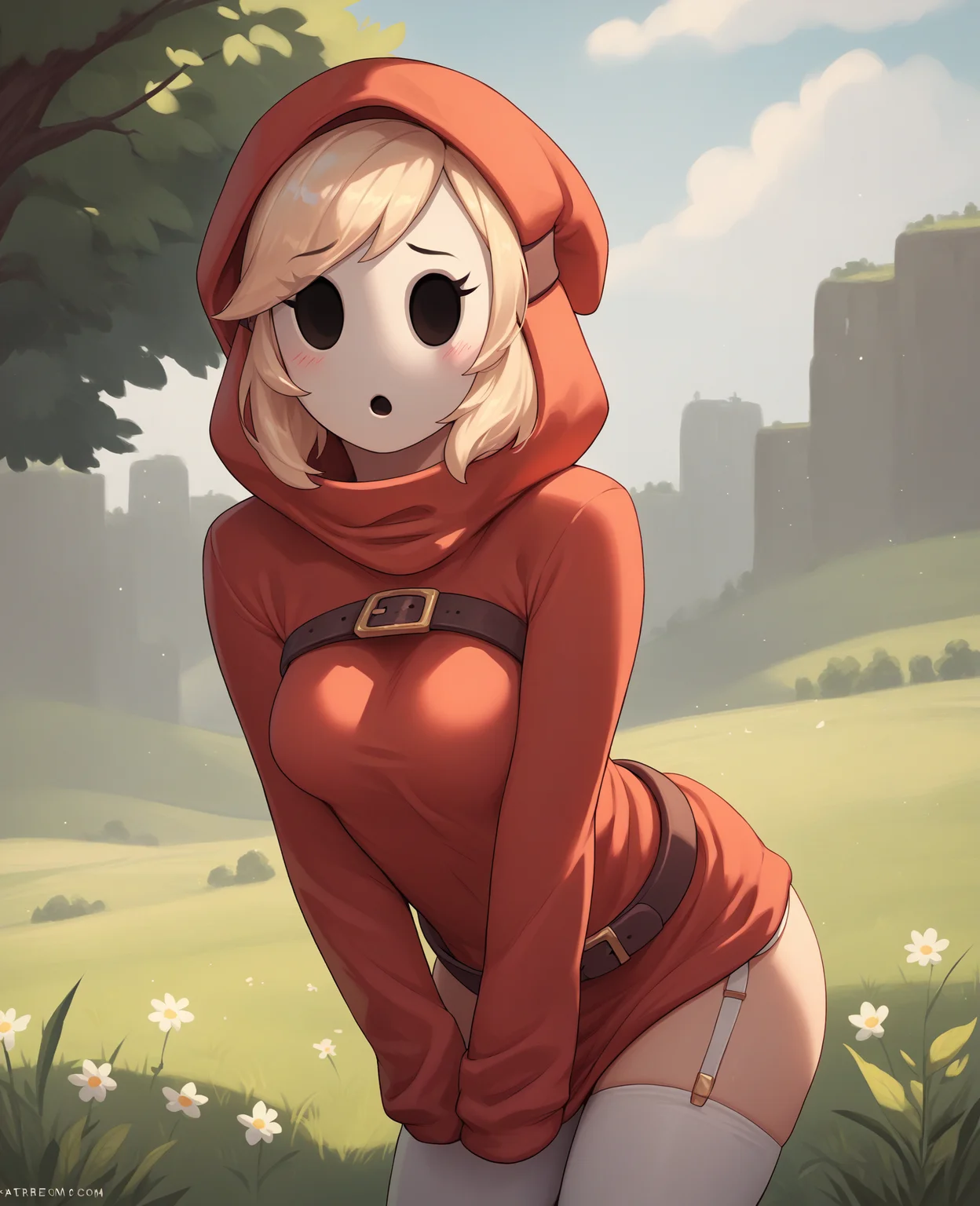 score_9, score_8_up, score_7_up, score_6_up, score_5_up, score_4_up, source_furry, human, mammal, shyguy, mario \(series\), breasts, clothed, clothing, female, hood, legwear, light body, light skin, mask, not furry, simple background, solo, stockings, detailed background, outside, field, eyelashes, looking at viewer, shy, nervous, (fingertips touching:1.4), 
 <lora:shyguy_pdxl:1>
