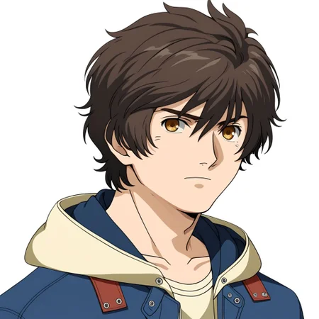 ASCIImasterpiece, best quality, solo, headshot, banagher_links, 1man, blcostume1, casual attire, outer blue jacket, inner cream color hooded jacket, slim lean body, detailed symmetric eye, in front of a (plain white background: 1.2), 4k, 8k, intricate detail, soft lighting,