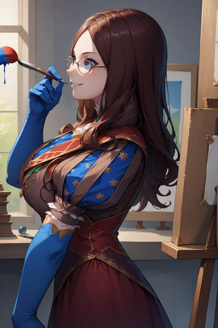 score_9, score_8_up, score_7_up, score_6_up, source_anime, 1girl, solo <lora:leocaster-pdxl-nvwls-v1-000006:1> leodv, brown hair, long hair, parted bangs, blue eyes, glasses, brown dress, short puffy sleeves, red skirt, blue gloves, elbow gloves, blue thighhighs, big breasts, easel, smile, indoors, from side, holding paintbrush