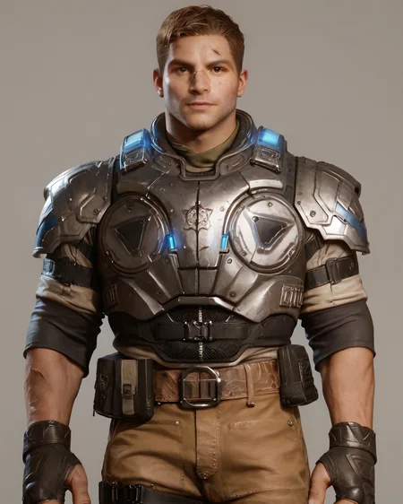 <lora:JD_Fenix_PonyXL-10(1):0.95> jd_fenix, brown hair, simple background, looking at viewer, long pants, armor, short hair, muscular, bara, standing, cowboy shot, scar, realistic, score_9, score_8_up, score_7_up, score_6_up,