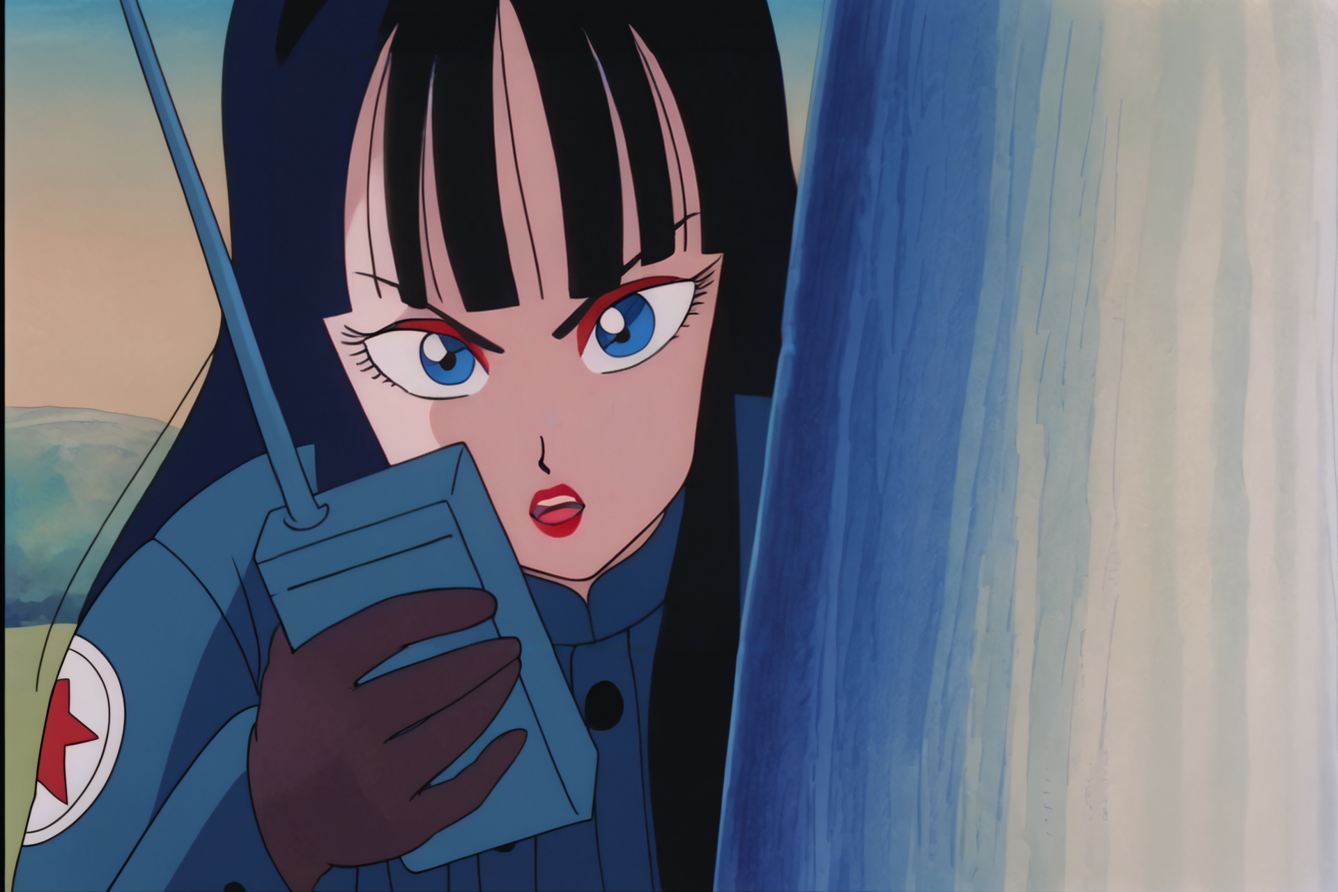source_anime, score_9, score_8_up, score_7_up, anime screencap,8k, absurd res,
mai \(dragon ball\), solo, long hair, looking at viewer, open mouth, bangs, blue eyes, black hair, gloves, holding, blunt bangs, coat, makeup, hiding behind tree, retro artstyle, 1980s \(style\), anime coloring, blue coat, holding walkie-talkie, military, military uniform, official style, print sleeves, serious, v-shaped eyebrows, symbol, star symbol, mountainous horizon, red lips
 <lora:maiDB_pony_v1:0.8>