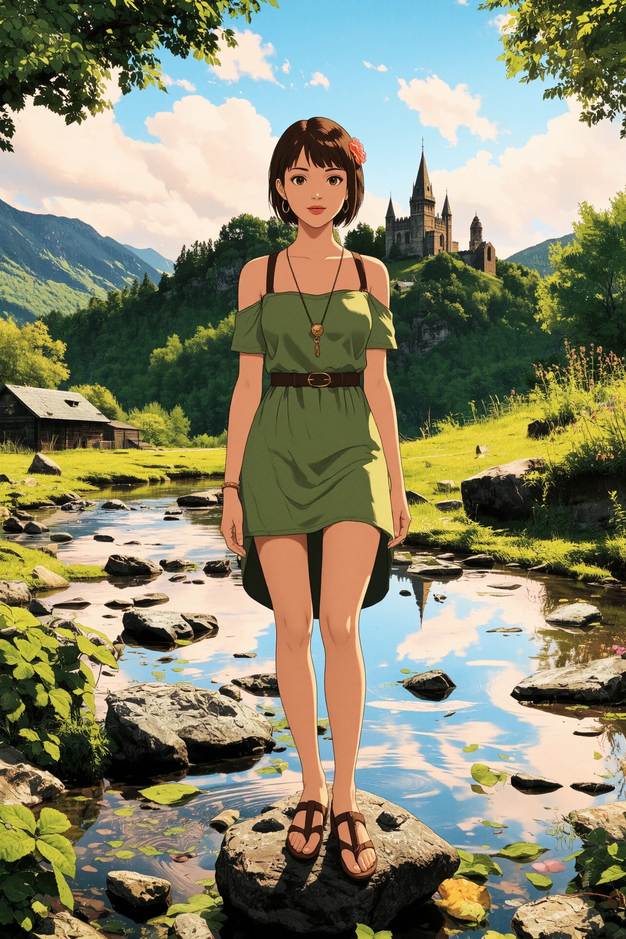 Vatican citizen razor cut titian hair (young woman), (druid:1.2), anime, illustration, (extremely detailed), (portrait), (standing:1.2), (happy smile), flower in hair, glossy lipstick, celtic necklace, j-hoop earrings, loincloth, (sandals),  Pastel Green (druid short dress), (legs), heels, (sharp focus),  fantasy, (beautiful celtic landscape:0.9), (small rock:0.9), (moss:0.4), (ripples, reflections:0.8), celtic  castle, (small river small pond:0.5), druid forest, (druid village:1.2), (stunning nature environment:0.8), (enchanted land:0.5), clovers, (Melon flowers:0.9), leaves,bright (sunny sky), (sunset:0.3), best quality, colorful, wet floor, raytracing, hdr, high contrast, ethereal natural lights, backlight, (lens flare:0.4), shadows, (vibrant colors, colorful):0.6, pretty, beautiful, happy, smiling, feminine, sexy, lovely, in love, adorable, fashion,  <lora:Hand v2:1> <lora:Anti-Blur:1> <lora:RetroAnimeFluxV1:0.4> <lora:Luminous_Shadowscape:0.4>  <lora:SujatmikoArafuru_Flux:0.2> Suzume style