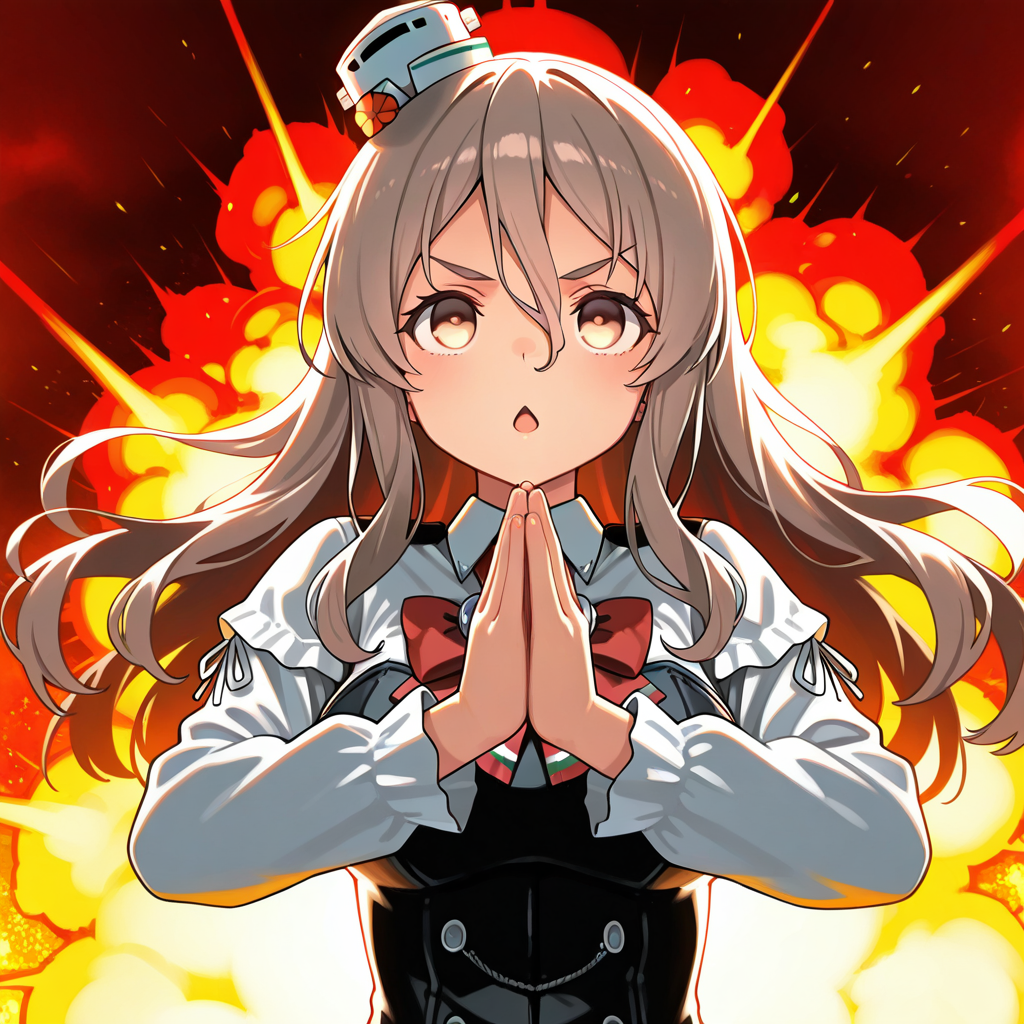 1girl,solo,<lora:IL_aisatsu_meme:1>,nin_sly,aisatsu,own hands together,explosions,
focused,serious,upturned eyes,chestnut mouth,
<lora:Unfazed - Illustrious character enhancer:0.5>,kantai_collection,pola (kancolle),kantai collection,elbows up,full body,silhouette,, masterpiece,best quality,amazing quality,very aesthetic,absurdres,