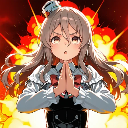 1girl,solo,<lora:IL_aisatsu_meme:1>,nin_sly,aisatsu,own hands together,explosions,
focused,serious,upturned eyes,chestnut mouth,
<lora:Unfazed - Illustrious character enhancer:0.5>,kantai_collection,pola (kancolle),kantai collection,elbows up,full body,silhouette,, masterpiece,best quality,amazing quality,very aesthetic,absurdres,