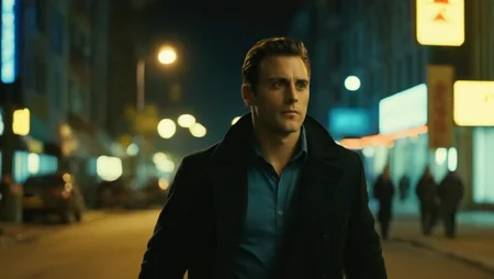 cinematic film still of <lora:Cinematic Film:1> Cinematic Film stock footage in (arri alexa style) Kodak film print, a man walking down a street at night Cinematic Film Style, shallow depth of field, vignette, highly detailed, high budget, bokeh, cinemascope, moody, epic, gorgeous, film grain, grainy