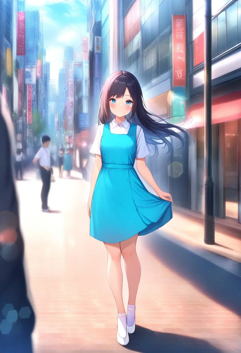 masterpiece, best quality,amazing quality,(1girl), solo,(depth of field),(solo focus),8K,HDR,(ultra high res),(highres),(full body),(lens flare),smile,blush,(black hair),(long hair),(blue eyes),(floating hair), sidelocks,(malaysian secondary school uniform),(pinafore dress),(aqua blue skirt),(blue pinafore),(collared shirt),(white shirt),(short sleeves),(white socks),(short socks),(white footwear),(ballet flat),(outdoor),(cityspace),(city),(street),(lampost),(standing),(looking at viewer)