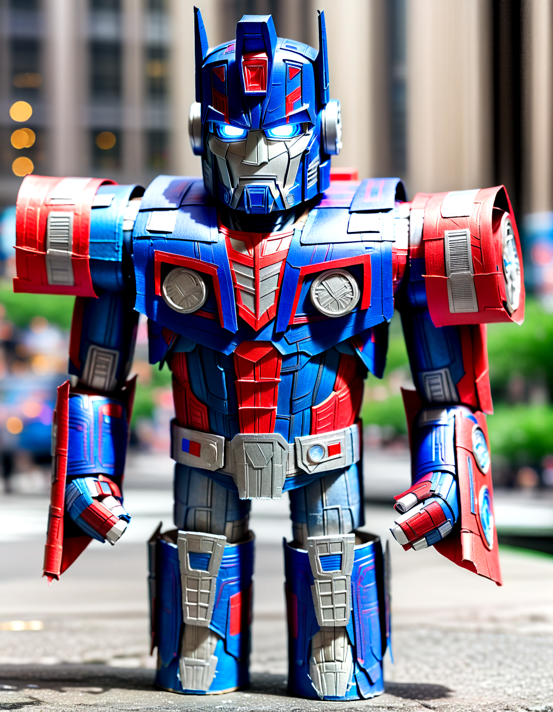 Macro Photography optimus prime from transformers made of toilete paper roll, tprc style, outside in new york,  clorfull, masterpice, 8k,,, Macro Photography, often for close-up views, small subjects, or detailed examination.