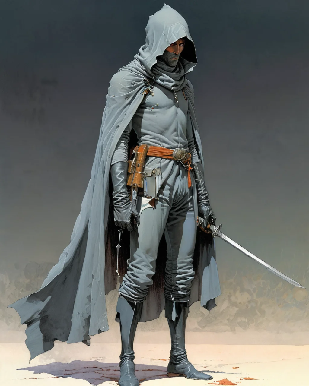 black gloved hand holding a very long straight silver sword with a black handle, <lora:add-detail-xl:0.75> <lora:xl_more_art-full_v1:0.5> <lora:Moebius (Jean Giraud) Style:1> Moebius (Jean Giraud) Style page