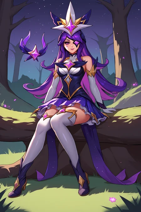 score_9, score_8_up, score_7_up, score_6_up, BREAK, SyndraSGXL, facial mark, purple eye, eyepatch, purple hair, long hair, sidelocks, bangs, hair ornament, medium breasts, star, (symbol), star guardian (league of legends), bare shoulders, purple dress, white elbow gloves, purple skirt, , white thighhighs, white boots, solo, full body, sitting, bellow view, seductive smile, looking at viewer, forest, tree <lora:SyndraSGXL:0.9>