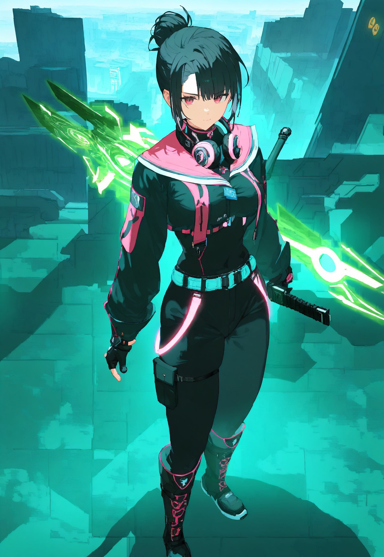 masterpiece, high score, great score, absurdres, V4NGU4RD, weapon, 1boy, male focus solo, holding, holding weapon, headphones around neck, hair bun, black bodysuit, gloves, vanguard twinfangs, black hair, cyberpunk, bolero, belt, Vanguard Breeches of Scouting, vanguard bolero, green theme, Neon, glowing , straps , model tactical boots, Hrothgar