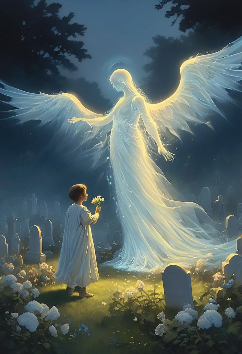 High quality, highly detailed painting, On a sunny day, in a graveyard, a young boy is offering flowers to a translucent ghost with wings
