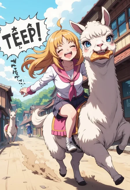A detailed colorful anime illustration. A young girl with blonde long hair in white and pink sailor style uniform. She is laughing while ridding an alpaca. The girl is shouting a bold black text anxiously: "I'm gonna be late!!!". The alpaca is running sideways and biting a slice of toast in its mouth, with savage grinning expression. Dust kicked up beneath its hooves. It is a sunny day, they are running in a Japanese styled town. fca_style