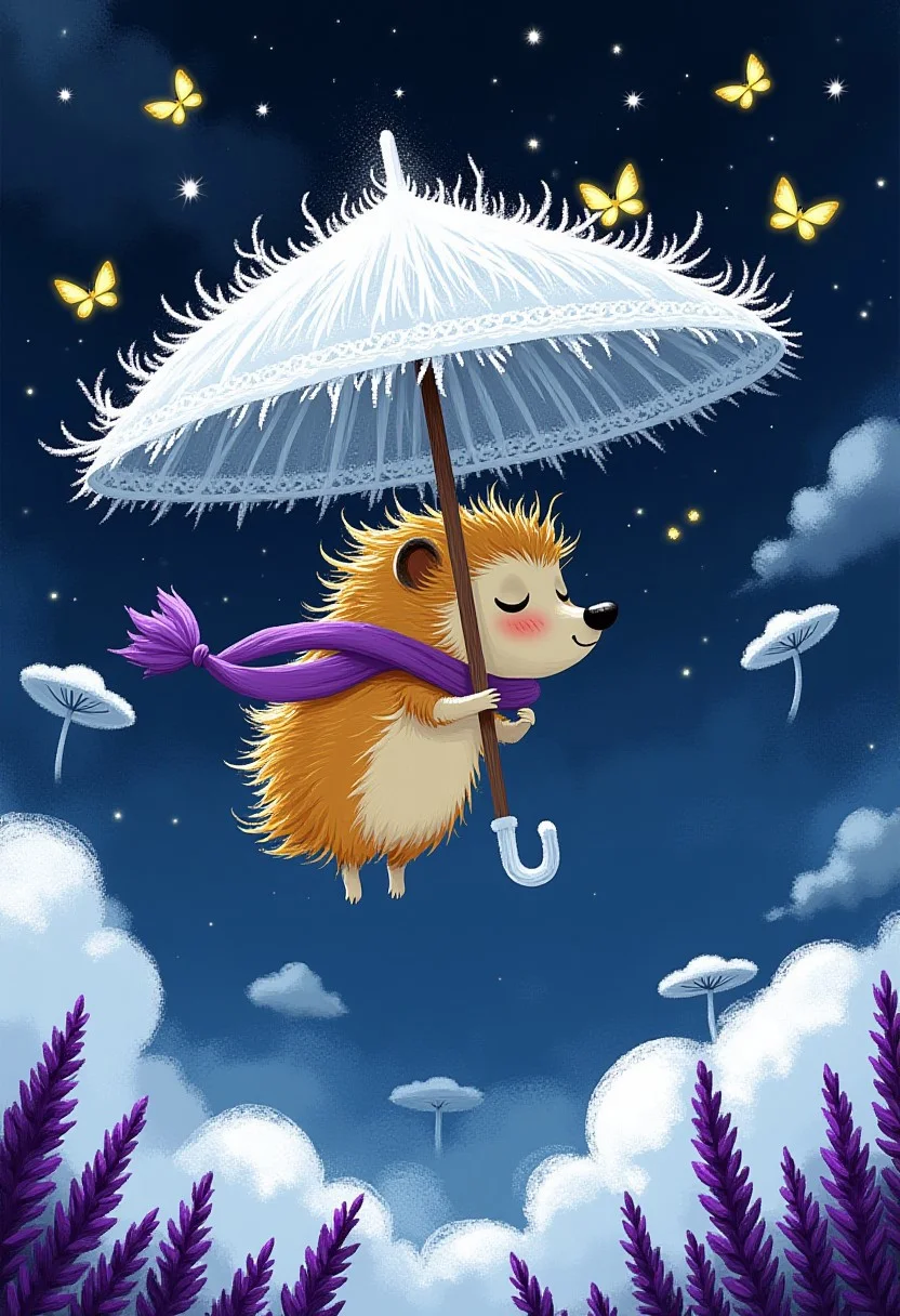 A whimsical illustration of a tiny hedgehog with wind-swept crystalline quills in dark whimsical art style, soaring through the night sky while holding an oversized Victorian umbrella made of cobwebs and moonbeams, their spikes creating a trail of sparkles in the air like falling stars, digital painting with ethereal brushstrokes showing the umbrella's delicate patterns casting lace-like shadows on passing clouds, surrounded by floating purple lavender petals and glowing butterflies that follow their flight path, characteristic Tim Burton inspired design with enormous dreamy eyes that reflect the constellations they're flying through, wearing a little ruffled scarf that flows dramatically in the wind, body curled up adorably on the umbrella handle like a sleepy acrobat, starlit sky background with swirling mists and distant floating islands made of giant mushrooms, the umbrella glows softly with trapped fireflies that help guide their whimsical journey
