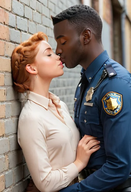 (sfw), (semi-realistic), 2boys, otoko no ko, trap, male focus, duo, kissing, view from side, (interracial) BREAK
25 years old, (adult), dark skin, male, flat chest, police uniform, kissing BREAK
25 years old, light skin, ginger, fully clothed, tight clothing, leaning against wall, being kissed BREAK
street background, outdoors