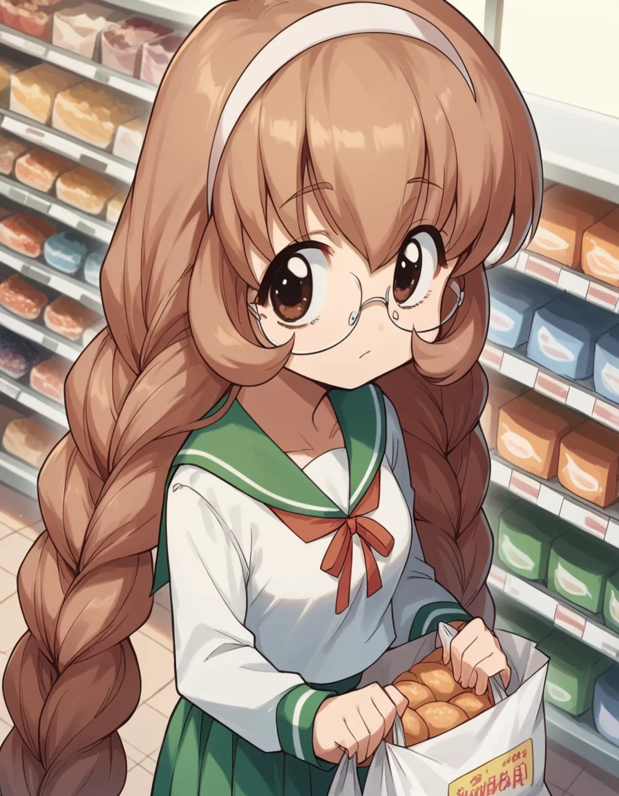 score_9, score_8_up, score_7_up, source_anime, <lora:mimi-usa-s1-ponyxl-lora-nochekaiser:1>, mimi usa, long hair, brown hair, brown eyes, very long hair, braid, hairband, glasses, twin braids,, school uniform, serafuku, long sleeves,, grocery store, cashier, shopping bag, scanning items, small talk, everyday routine, , from above,, looking at viewer, solo,, dutch angle, cowboy shot