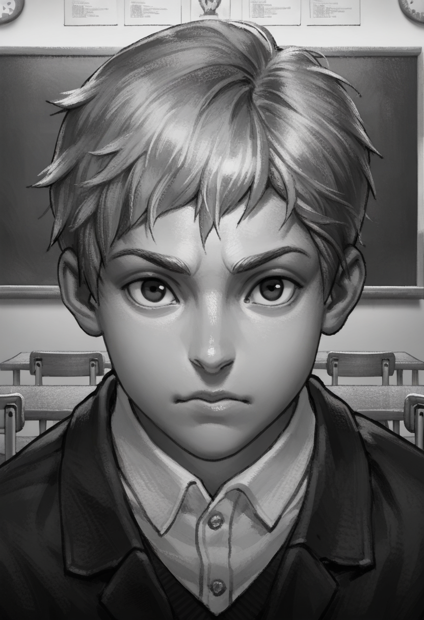 Graphic Design, greyscale, monochrome, intricate details, high contrast, detailed background, beautiful detailed, beautiful face, detailed eyes, detailed face, new, z41ch1k, 1boy, solo, grey hair, portrait, short hair, school uniform, looking at viewer, dynamic pose, classroom, (masterpiece, best quality, newest, recent, absurdres), 