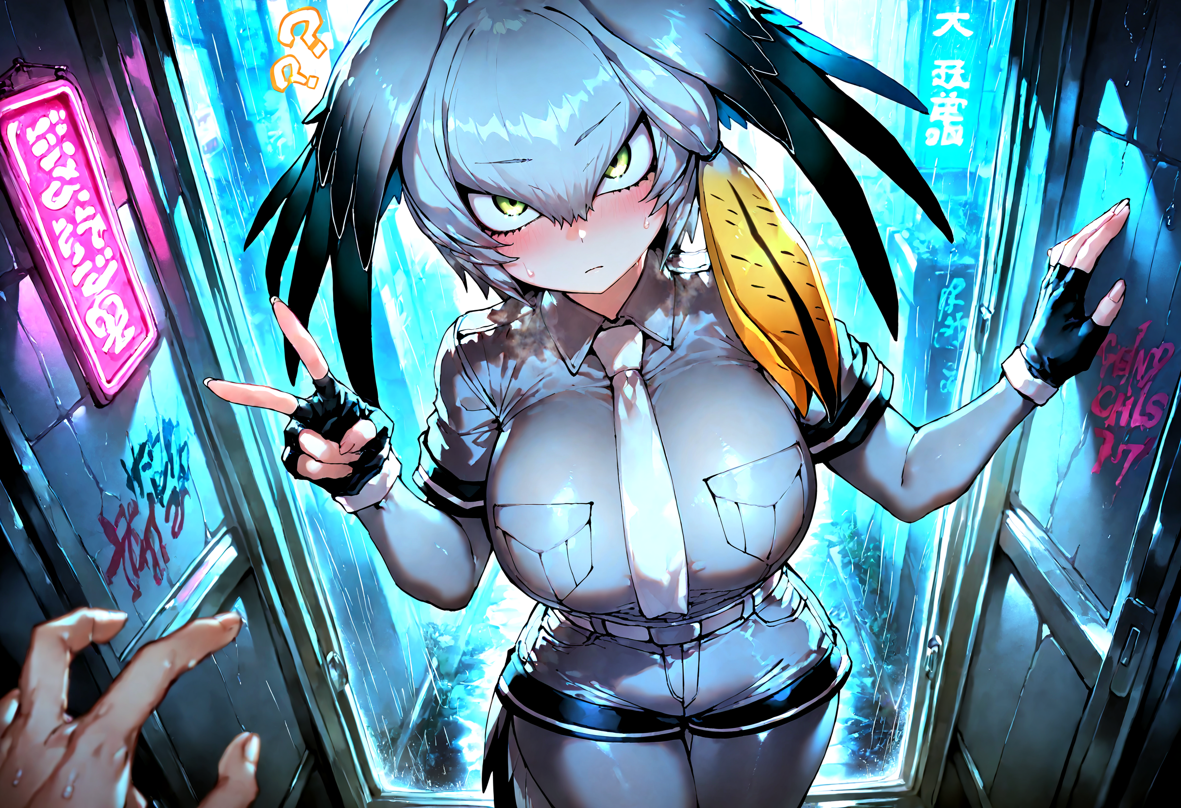 masterpiece, best quality, amazing quality, very aesthetic, absurdres,  newest, 
1girl, solo, indoor, window,
shoebill (kemono friends),shoebill_(kemono_friends),grey hair,sidelocks,hair between eyes,black hair,head wings,long hair, grey shirt,short sleeves,collared shirt,gloves,black gloves,fingerless gloves,shorts,white necktie,pocket,breast pocket, grey_pantyhose,pov, looking at viewer,confused ,
neon lights, future, futuristic city, graffiti, (rain),backlight,
(zyugoya:0.8),quasarcake:0.7, Fishine:0.7, 
masterpiece, best quality, amazing quality, very aesthetic, absurdres,  newest, v
<lora:shoebill_Illustrious:0.9>, <lora:cfg_scale_boost:0.7>,