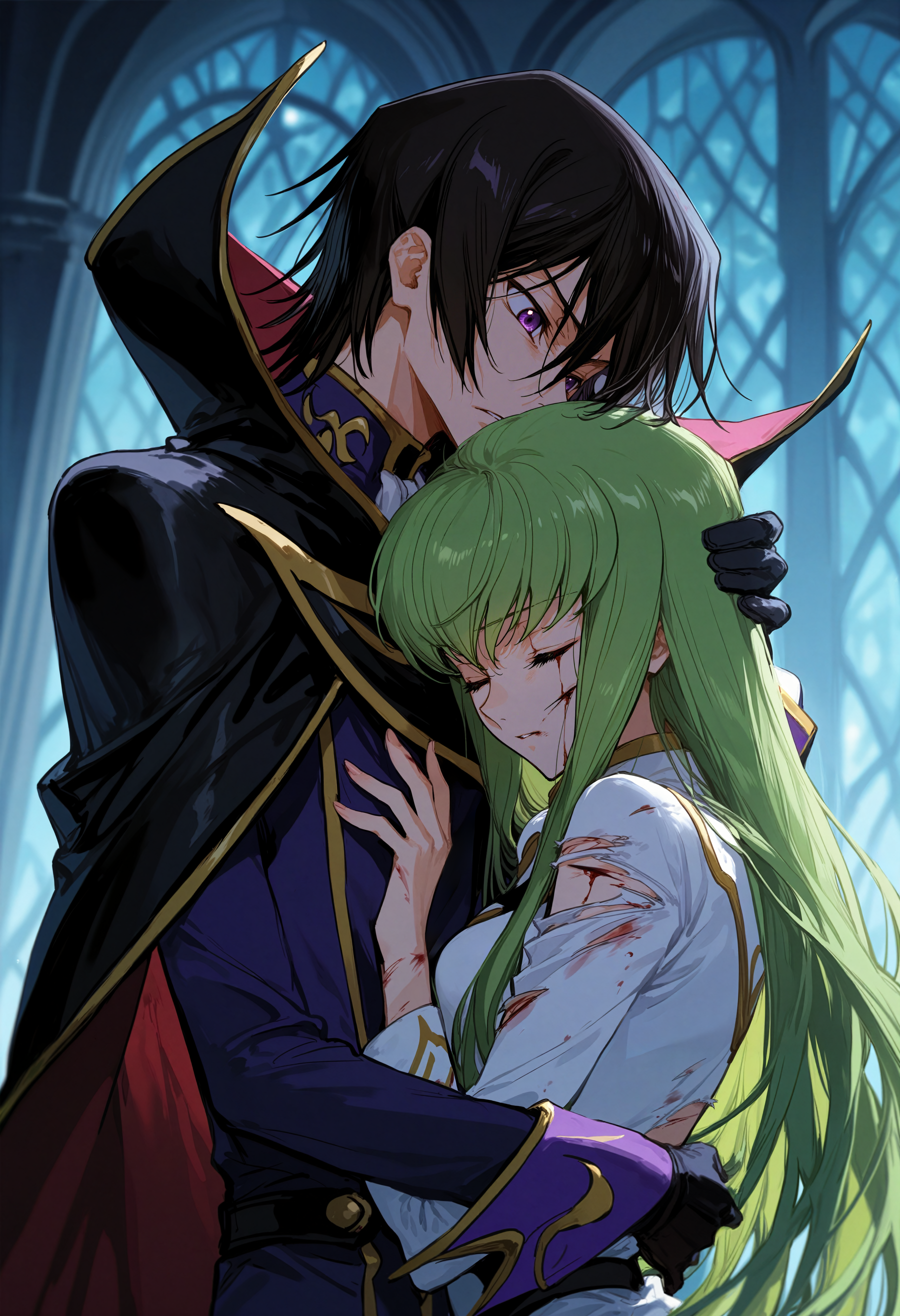 masterpiece,best quality,very aesthetic,aruhshura,c.c.,lelouch vi britannia,1girl,long hair,black hair,1boy,gloves,purple eyes,closed eyes,green hair,cape,torn clothes,blood,hug,hand on another's head,blood on face,injury,cuts