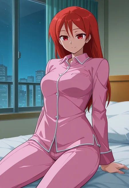 score_9,score_8_up,score_7_up,source_anime,5_figner,2d_animation,game cg,BREKE,1girl,solo,
gimmick girl,red hair,red eyes,bangs,long hair,
pink pajamas,
bad,pillow,room,window,curtain,night,
masterpiece,best qualit,ultra-detailed,illustration,an extremely delicate and beautiful,beautiful detailed eyes,unity 8k wallpaper,high resolution,anime CG,official_art,Erotic_style, uncensored, anime_coloring, anime_screencap,