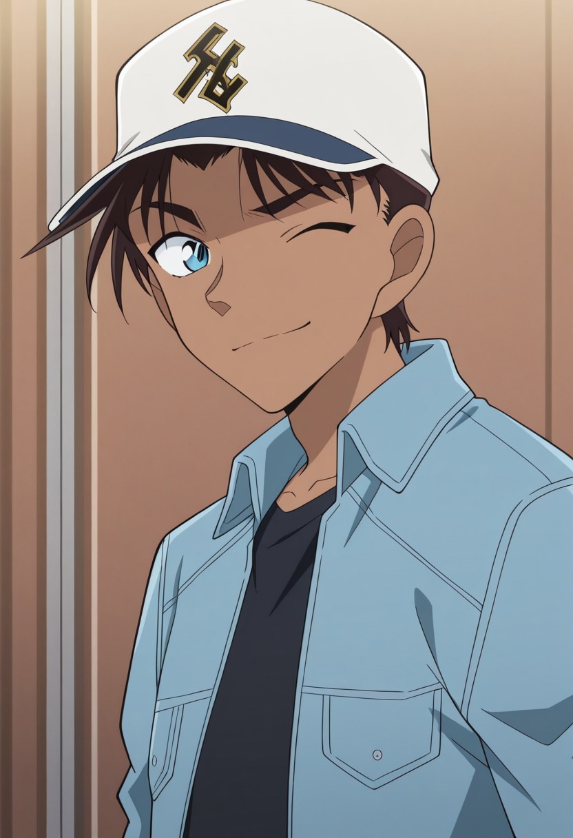 masterpiece,best quality,amazing quality, source_anime,
heijihattori, 1boy, male focus, solo, dark skin, dark-skinned male, blue eyes, brown hair, hat, baseball cap, white headwear, jacket, blue jacket, smile, one eye closed,