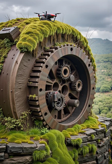 a massive world-shaper, a terraforming engine the size of a planet, has been covered in grass and greenery. a drone crawls on top of a hill that is actually a machine, the innards of the machine, rusted and useless, showing between moss and lichen. everything looks natural at the surface, but just below is a vast mechanism, just out of sight. in the andalusian hills.