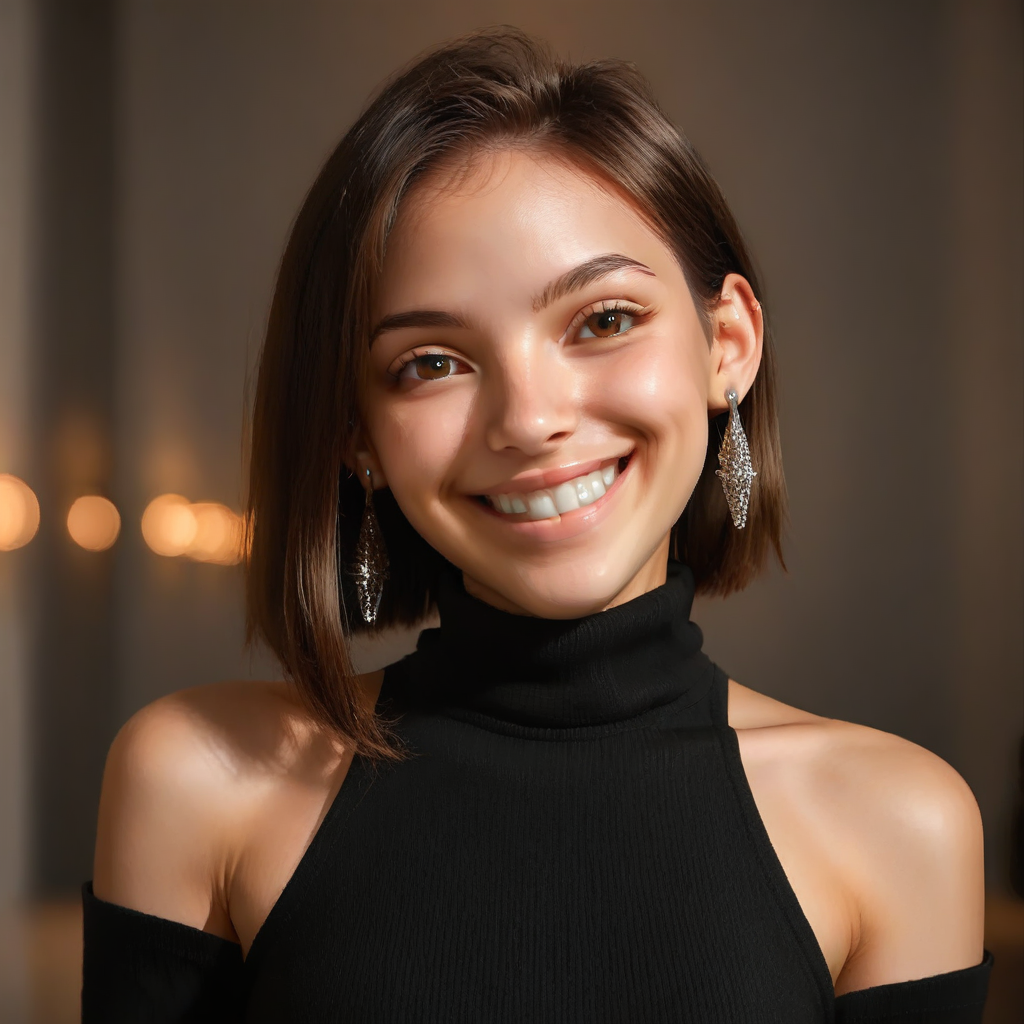 smile, turtleneck, black shirt, portrait, brown eyes, grin, dress, bare shoulders, earrings, head tilt