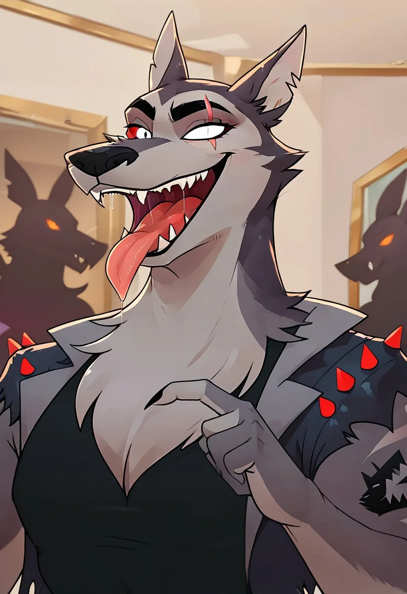 SCORE_9, SCORE_8_UP, SOURCE_ANIME, REALISTIC, BREAK, 1MALE, TEX, FACE FOCUS, CLOSE UP, FURRY, GREY FUR, (SCAR ACROSS EYE), (BLANK GLASS EYE), RIGHT EYE SILVER, RIGHT RED SCLERA, EAR SLITS, TANK TOP, SPIKED LEATHER VEST, BLACK VEST, ARM TATTOO, LAUGHING, MOUTH OPEN, FANGS, HIGH RESOLUTION, VIVD TEXTURES, relaxed, looking at viewer, smile, smirk, grin, mouth shot, mawshot, open mouth, vore, imminent vore, oral invitation, saliva, tongue, throat, dutch angle, leaning in, leaning close, one finger on tongue