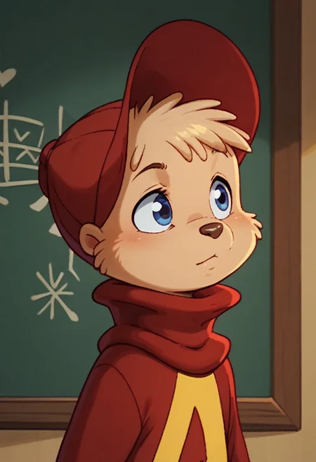 score_9, score_8_up, score_7_up, highly detailed, cute boy, Alvin Seville, Red Hat, furry male, solo, Blue Eyes, animal nose, body fur, Red Sweater, turtleneck