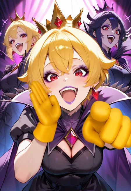 masterpiece, best quality, newest, absurdres, highres, 1girl, <lora:PrincessPeach_NoobAI_Incrs_v1-000012:1>, IncrsPchShadowQueen, red eyes, short hair, puffy sleeves, puffy short sleeves, makeup, lipstick, purple dress, black dress, purple cape, dress, cape, crown, jewelry, earrings,
 <lora:Laughing at you [IL]:1.3> laughing_at_you, open mouth, pointing at viewer, yellow glove, laughing, mocking