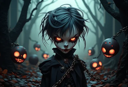 bv-twiwonsty. A medium shot of a twisted figure with piercing gaze, standing amidst gnarled trees, wearing Victorian clothing, with chains swirling around them. , <lora:bv-twisted-wonderland-style-v1.safetensors:1.0:1.0>