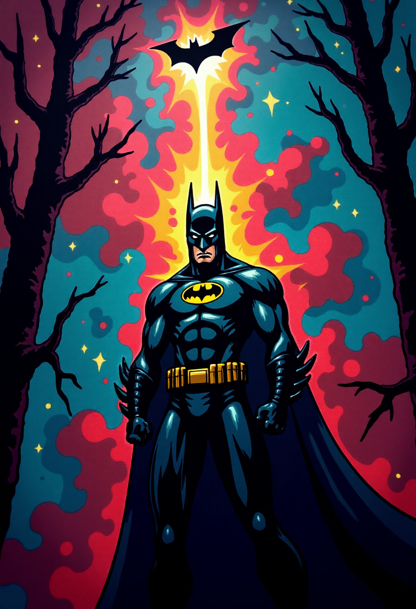 <lora:Graffiti_Characters2_FLUX-000011 (1):0.9>
This is a vibrant, stylized digital drawing set against a dramatic, abstract background, of a  Batman standing menacingly at night as the bat signal lights up the sky