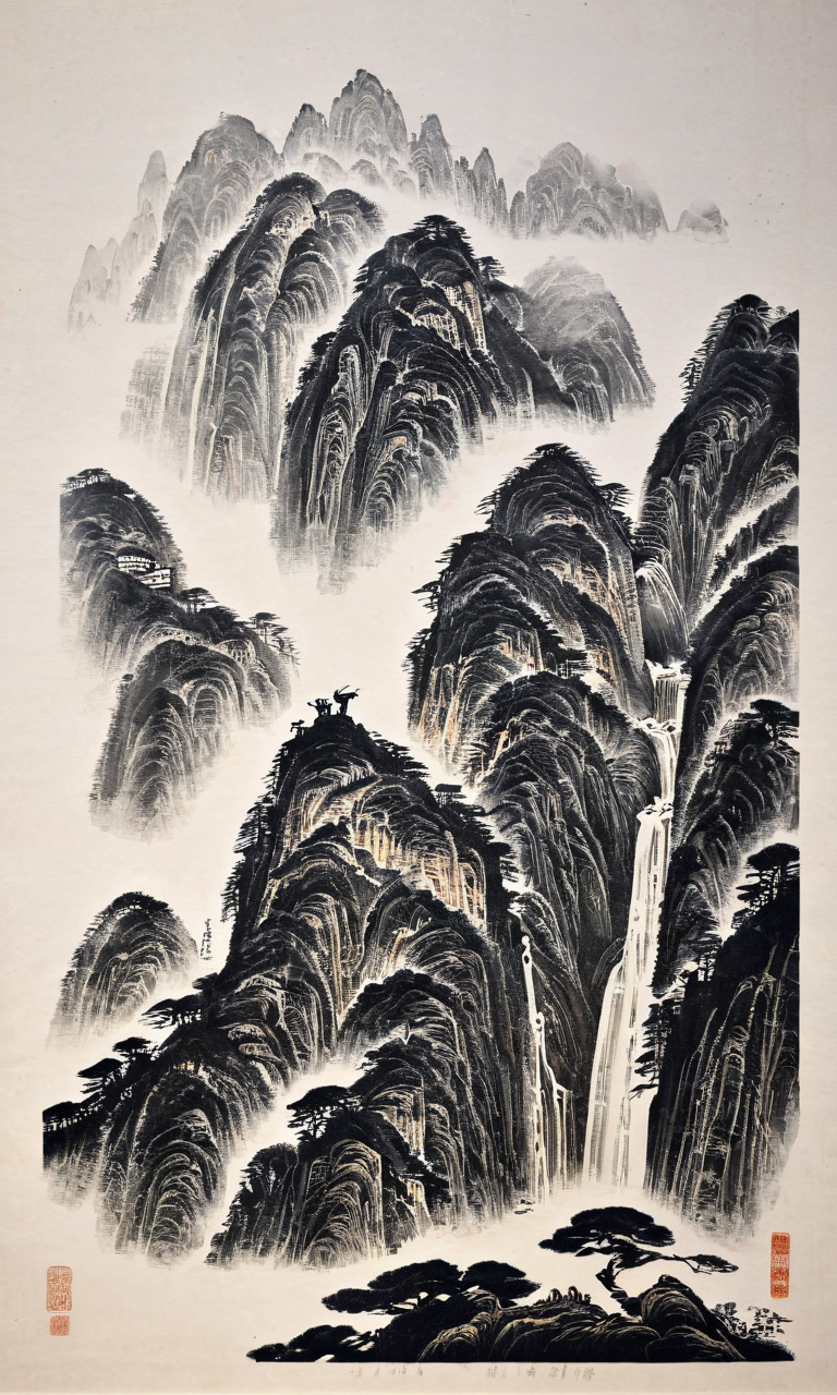 Masterful Landscape Woodcut Print: A Stunning 1.5x Masterpiece of the Highest Quality and Resolution
(Elegant Line Work, Minimalistic Style, Exquisite Letterpress Technique, Flat yet Vibrant Illustration, Vintage Charm, Crisp Black and White Contrast, Artistic Mastery, Richly Detailed Textures)
Captivating Scene: Lushan Waterfall, Enchanting Strange Peaks, Majestic Sea of Clouds, Serene Meandering Streams, Cascading Waterfalls Emerging from Lofty Mountains, Intimate Close-up Beneath a Towering Pine, Graceful Sika Deer, Unique and Captivating Perspective, Rugged Stone Walls Framing a Central Waterfall, Distant Mountains and a Vast Sea of Clouds, Charming Chinese Architecture, Dense Forests, Winding Roads, Expansive Use of Negative Space, Authentic Chinese Aesthetics, Deep Ink Artistic Vision, Inspired by Classic Chinese Ink Paintings.
This Composition Dances Between Reality and Imagination, Creating a Truly Magnificent Visual Experience.<lora:é²åä¸æ´¾@å±±æ°´çç»SDXL:1>,