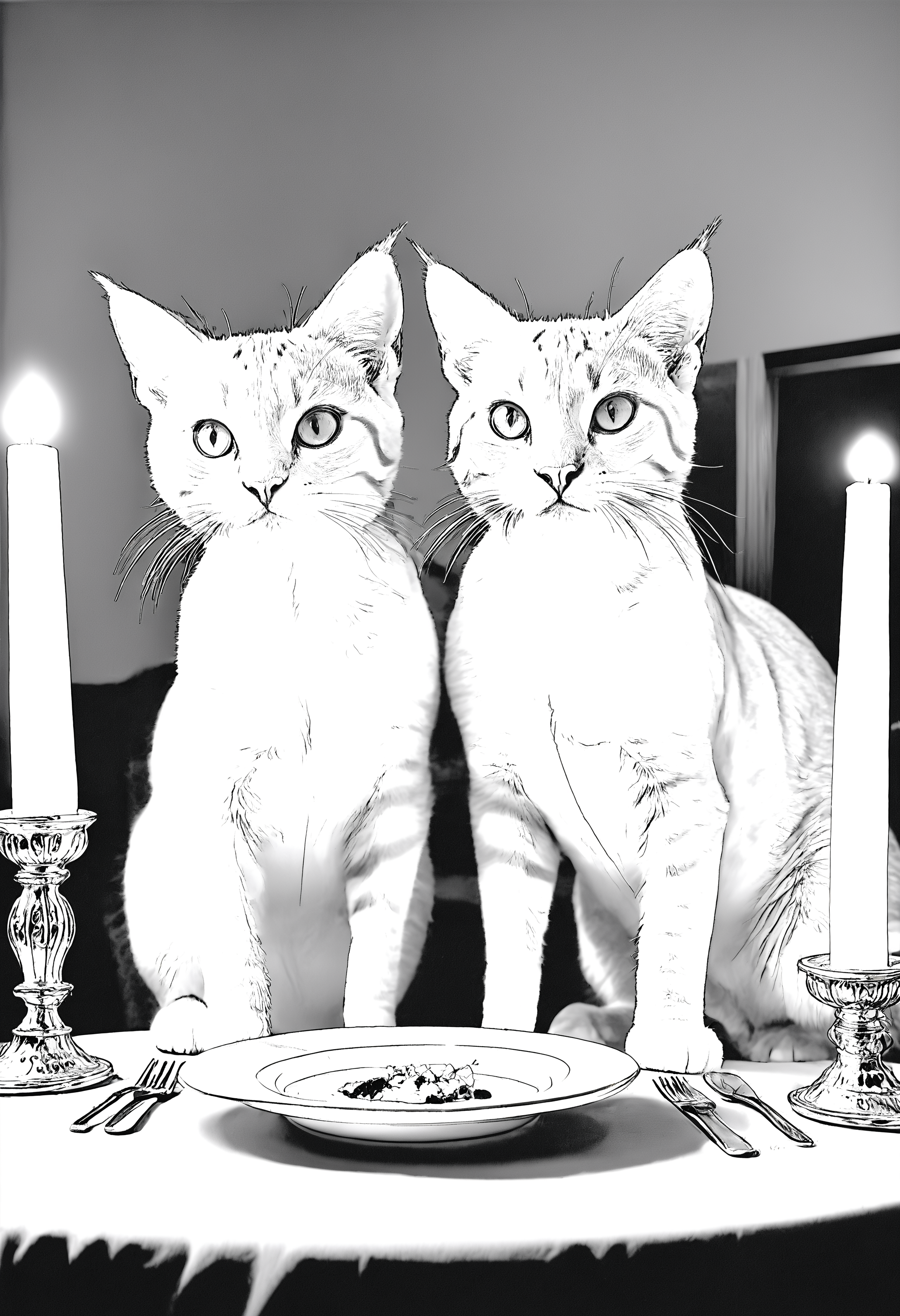 monoprone, a candle light dinner for two gorgeous feline females, exquisite setting, sensuous settings, in the style of Militant Hitchhiker