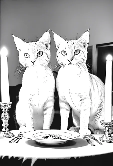 monoprone, a candle light dinner for two gorgeous feline females, exquisite setting, sensuous settings, in the style of Militant Hitchhiker