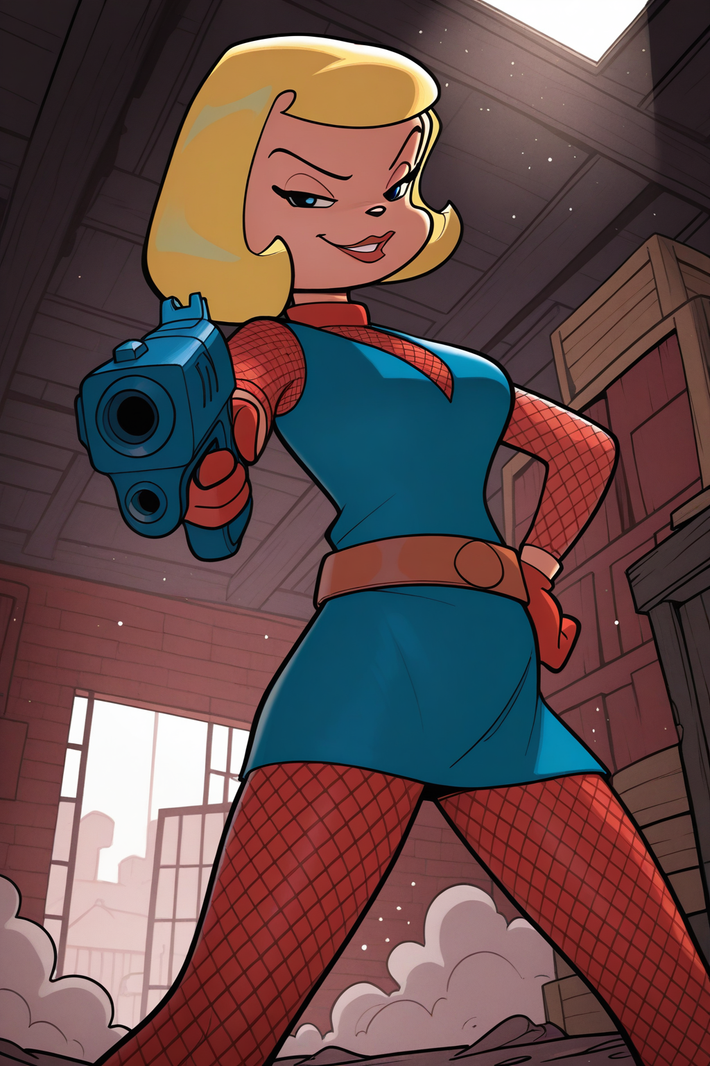 masterpiece, best quality, amazing quality, absurdres, solo, sirena seducy, blonde hair, blue eyes, half-closed eyes, smirk, holding gun, aiming at viewer, from below, hand on hip, smoking gun, blue dress, red fishnet gloves, brown belt, red fishnet pantyhose, outdoors, warehouse, boxes, shelfs, dark atmosphere, window, light rays, dust cloud, light particles, dust particles, moody lighting, harsh shadows, stylized