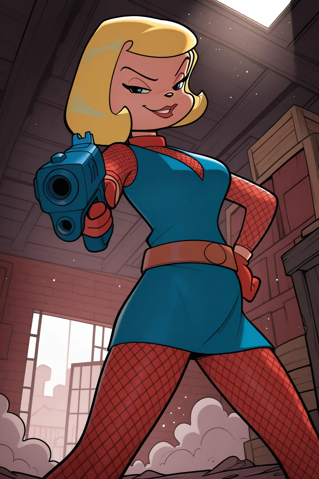 masterpiece, best quality, amazing quality, absurdres, solo, sirena seducy, blonde hair, blue eyes, half-closed eyes, smirk, holding gun, aiming at viewer, from below, hand on hip, smoking gun, blue dress, red fishnet gloves, brown belt, red fishnet pantyhose, outdoors, warehouse, boxes, shelfs, dark atmosphere, window, light rays, dust cloud, light particles, dust particles, moody lighting, harsh shadows, stylized