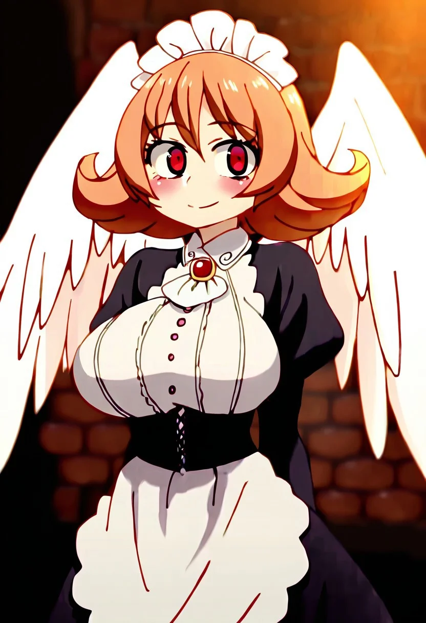 (masterpiece, best quality, good quality, very aesthetic, absurdres, newest:1.2), 1girl, solo, eyelashes, (beautiful eyes), Meidri, 1girl, bangs, large breasts, brown hair, long sleeves, dress, frills, wings, puffy sleeves, orange hair, apron, maid, maid headdress, juliet sleeves, monster girl, feathered wings, puffy long sleeves, white wings, flipped hair, harpy, blush, indoors, brick wall, blurry background, ,cowboy shot, smile, looking at viewer, <lora:IshuzokuReviewersNAI:1.0>,